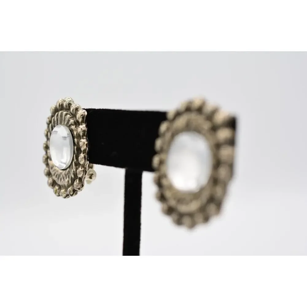Vintage Cabochon Clip On Earrings Clear Jelly Rustic Silver Tone 1980s BinAA